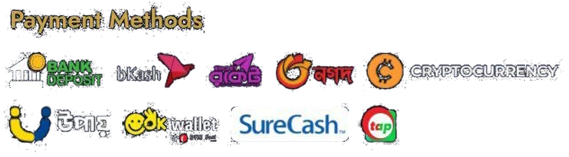 Payment Methods: Bank Deposit, bKash, Rocket, Nagad, Cryptocurrency, Upay, OK Wallet, SureCash, TAP